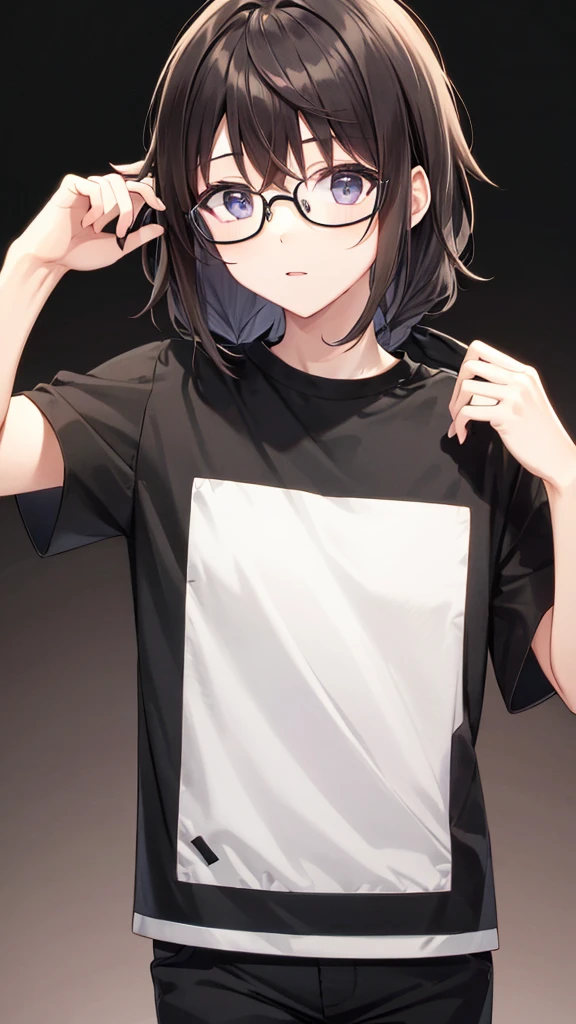 dark brown hair and face with glasses man black shirt and black pants and a black background