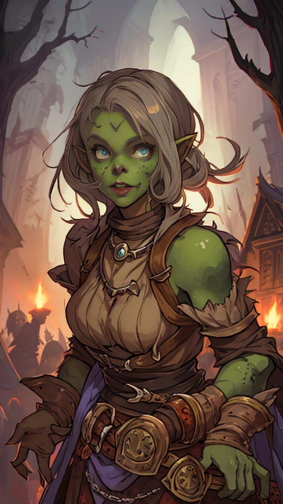 beautiful, (masterpiece:1.2), (best quality:1.2), perfect lighting, sharp focus,
1girl, solo, highly detailed face, high detail eyes, perfect eyes, perfect face, In Dress shop, ((leaning over the counter)), looking up at her, orc, orc girl, olive green colored skin, (tusk:1.4), mature orc girl, abs, toned, Muscular, One Large long blonde braid, Tailor, Tailor's Apron with sleeveless shirt under it and tight pants, Bored expression. legs