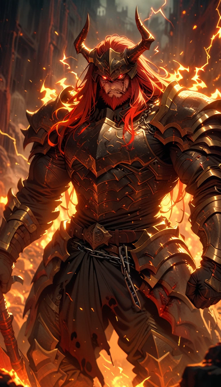((best quality)) , ((masterpiece)) , (detailed)，axe, 1boy, male focus, horns, glowing eyes, holding, beard, glowing, solo, weapon, holding axe, facial hair, muscular, fire, holding weapon, chain, looking at viewer, long hair, lightning, muscular male, red hair, horned helmet, armor, helmet, belt, fake horns, molten rock, feet out of frame, standing, battle axe, electricity,(((Terror, blood)))