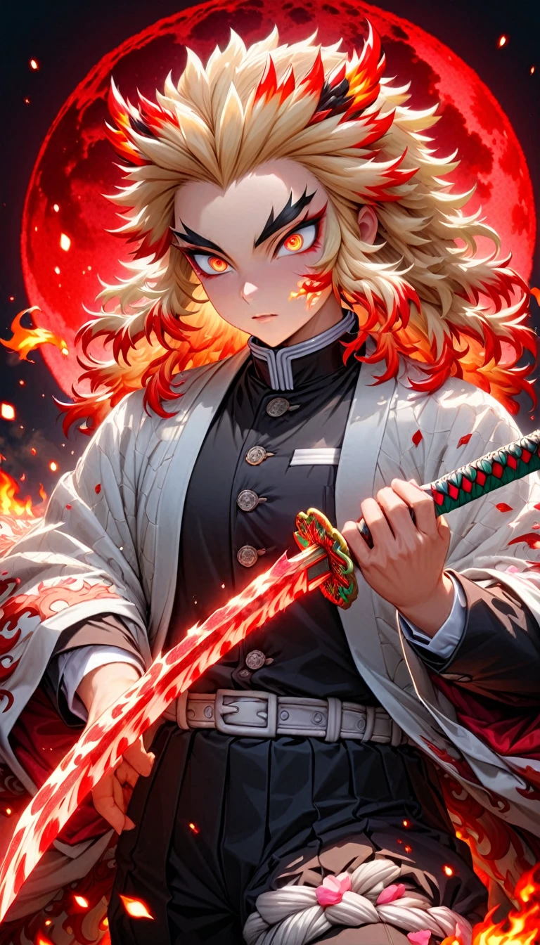 Super detailed, High resolution, Absurd, High resolution, masterpiece, Rengoku Kyojuro, Blonde, Expressive golden eyes, White Haori with a Flame Pattern, Black Demon Slayer uniform, Kimetsu no Yaiba, Fantasy, petal, Red flower, good looking, sexy man Grabbing a sword, alone, magic, shining red fireflies, Red Moon, Highest quality, Highly detailed face and eyes, fire, Grabbing a sword