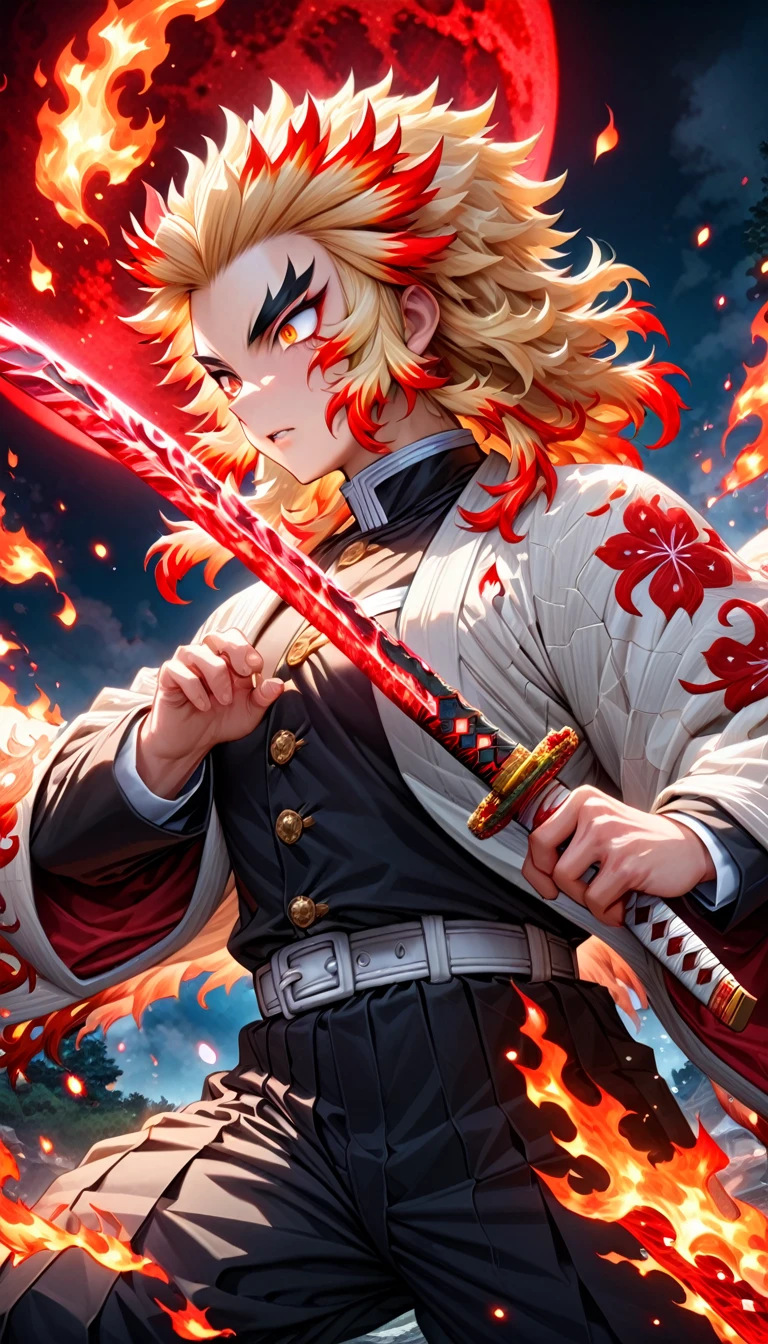 Super detailed, High resolution, Absurd, High resolution, masterpiece, Rengoku Kyojuro, Blonde, Expressive golden eyes, White Haori with a Flame Pattern, Black Demon Slayer uniform, Kimetsu no Yaiba, Fantasy, petal, Red flower, good looking, sexy man Grabbing a sword, alone, magic, shining red fireflies, Red Moon, Highest quality, Highly detailed face and eyes, fire, Grabbing a sword