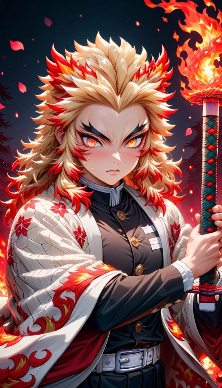 Super detailed, High resolution, Absurd, High resolution, masterpiece, Rengoku Kyojuro, Blonde, Expressive golden eyes, White Haori with a Flame Pattern, Black Demon Slayer uniform, Kimetsu no Yaiba, Fantasy, petal, Red flower, good looking, sexy man Grabbing a sword, alone, magic, shining red fireflies, Red Moon, Highest quality, Highly detailed face and eyes, fire, Grabbing a sword