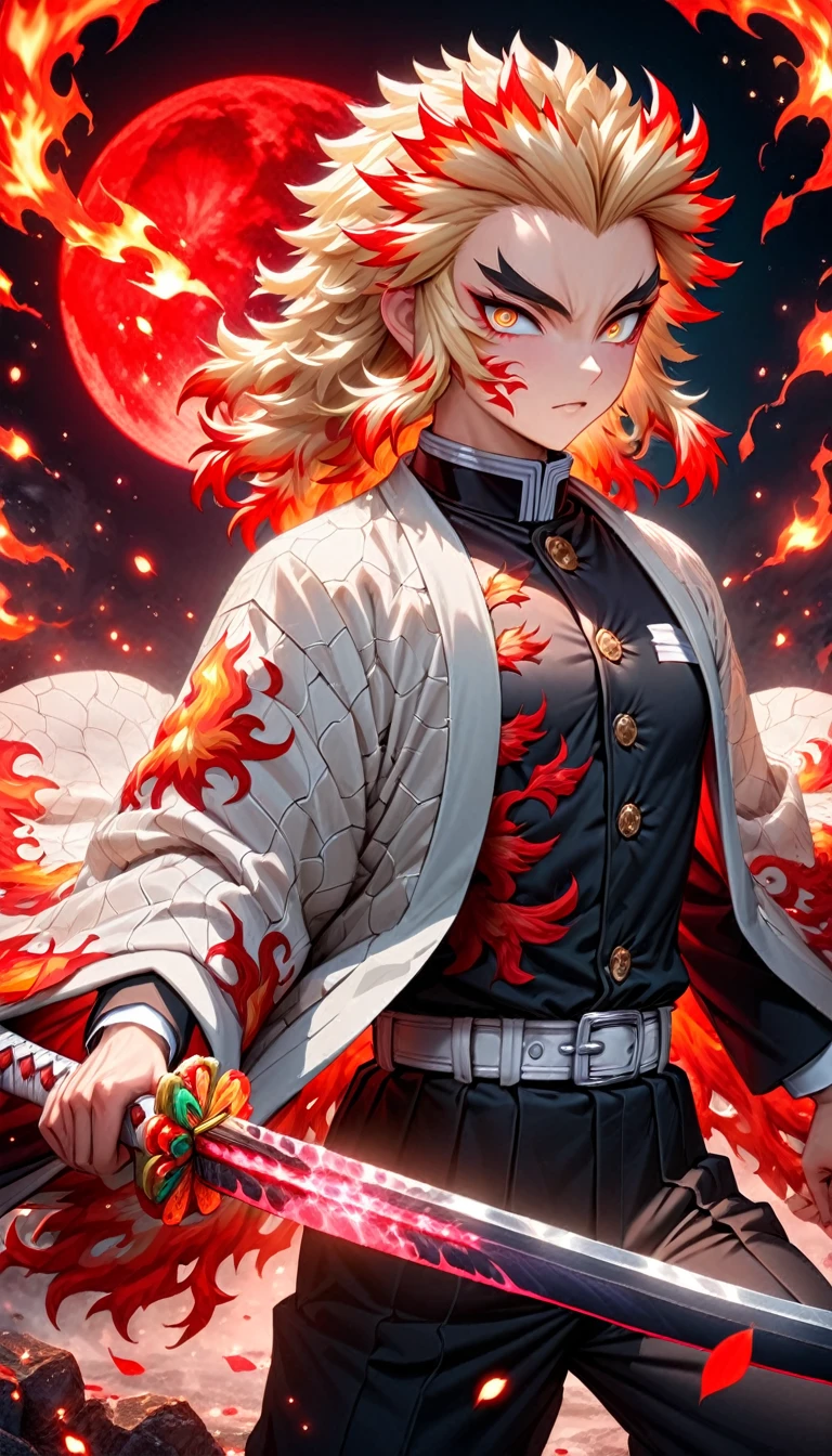 Super detailed, High resolution, Absurd, High resolution, masterpiece, Rengoku Kyojuro, Blonde, Expressive golden eyes, White Haori with a Flame Pattern, Black Demon Slayer uniform, Kimetsu no Yaiba, Fantasy, petal, Red flower, good looking, sexy man Grabbing a sword, alone, magic, shining red fireflies, Red Moon, Highest quality, Highly detailed face and eyes, fire, Grabbing a sword