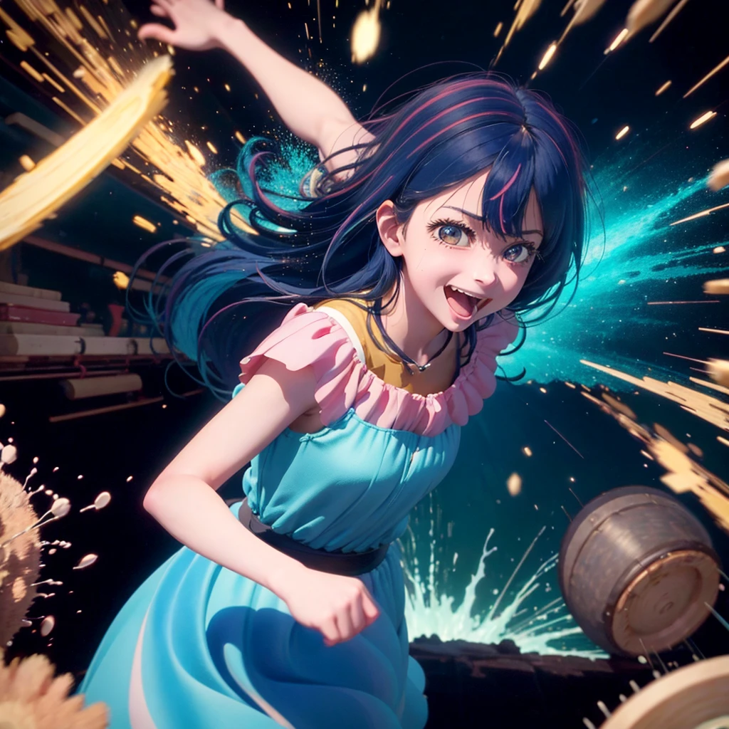 In the style of "Oshi no Ko," create an anime-style image of a clumsy and naturally awkward girl. She should have bright-colored hair, styled in a fluffy and cute manner, and her smile should be charming. Dress her in casual, adorable clothing, like a pink or light blue dress or one-piece outfit. Depict her in a scene where she's bumping into something or tripping, showing a slightly troubled but cheerful expression. The background should be bright and fun, emphasizing her clumsiness in a lively setting. For example, include scattered items or animals around her, reflecting her involvement in a playful mishap.