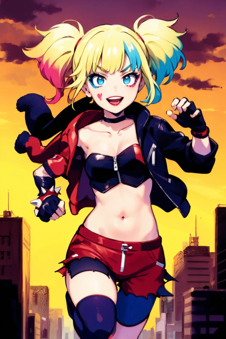 (masterpiece, best quality:1.2), solo, 1girl, isekaiharley, smile, looking at viewer, running, twintails, v-shaped eyebrows, two-tone jacket, crop top, short shorts, torn pantyhose, fingerless gloves, choker, spiked bracelet, cityscape scenery, running, sunset,anime 