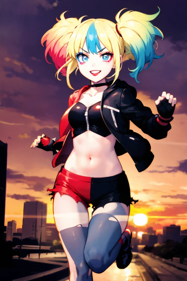 (masterpiece, best quality:1.2), solo, 1girl, isekaiharley, smile, looking at viewer, running, twintails, v-shaped eyebrows, two-tone jacket, crop top, short shorts, torn pantyhose, fingerless gloves, choker, spiked bracelet, cityscape scenery, running, sunset,anime 