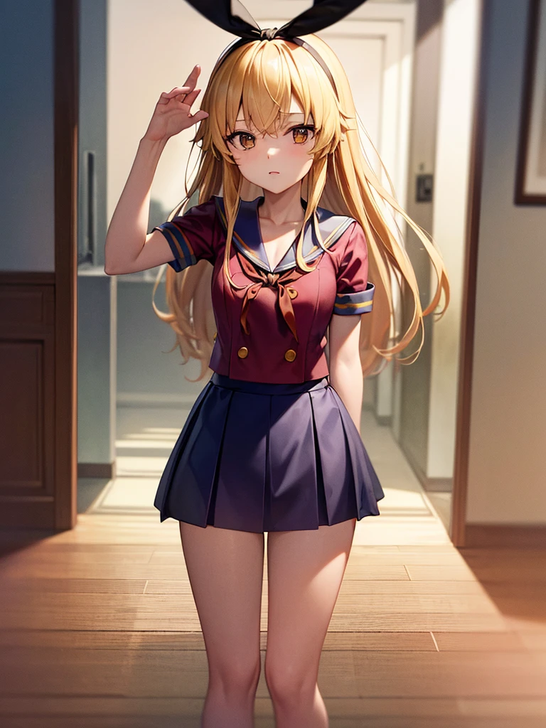 (masterpiece, best quality, highly detailed, ultra detailed, high resolution, absurdres, 4K, 8K:1.2), 
BREAK,shimakaze uniform:1.5, 10 years GIRL,Blonde_HAIR,(RED Ribbon on HAIRband:1.2)