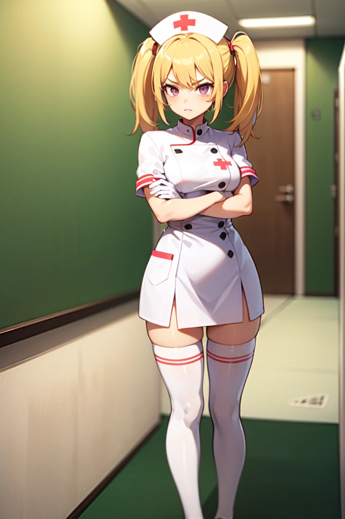 1girl, solo, nurse, nurse cap, white nurse uniform, ((white legwear, zettai ryouiki)), white gloves, twintails, yellow hair, purple eyes, angry, crossed arms, standing, ((hospital room)), sharp outline, short sleeves, best quality, masterpiece