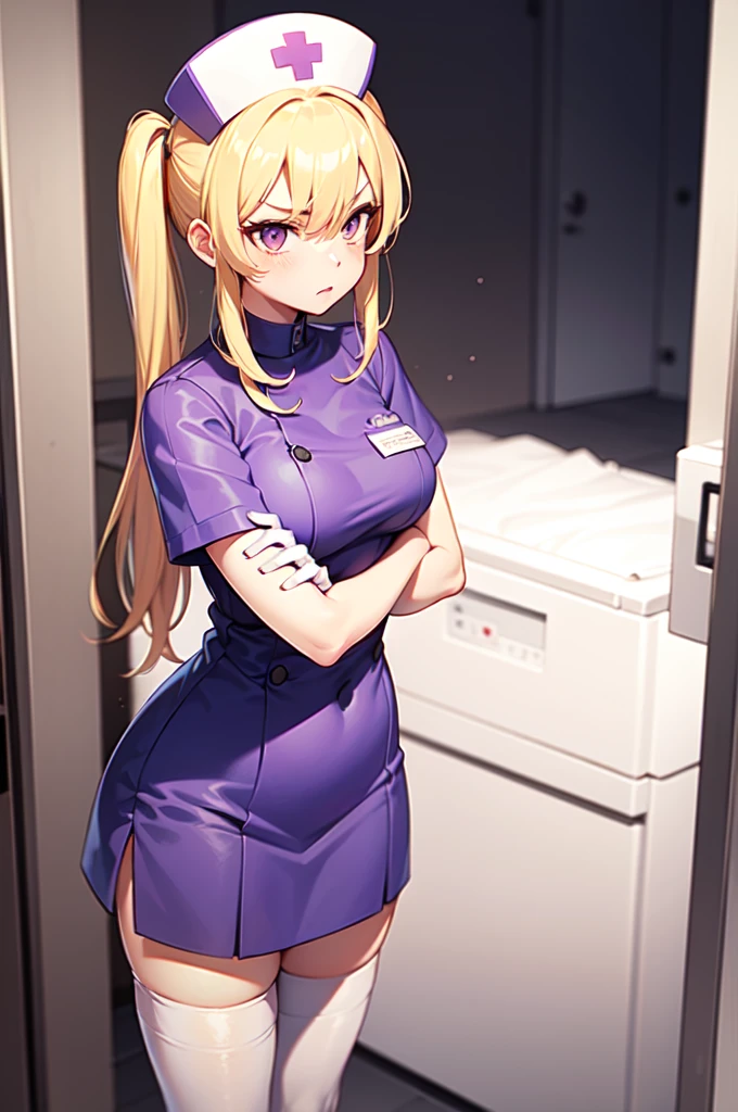 1girl, solo, nurse, nurse cap, white nurse uniform, ((white legwear, zettai ryouiki)), white gloves, twintails, yellow hair, purple eyes, angry, crossed arms, standing, ((hospital room)), sharp outline, short sleeves, best quality, masterpiece