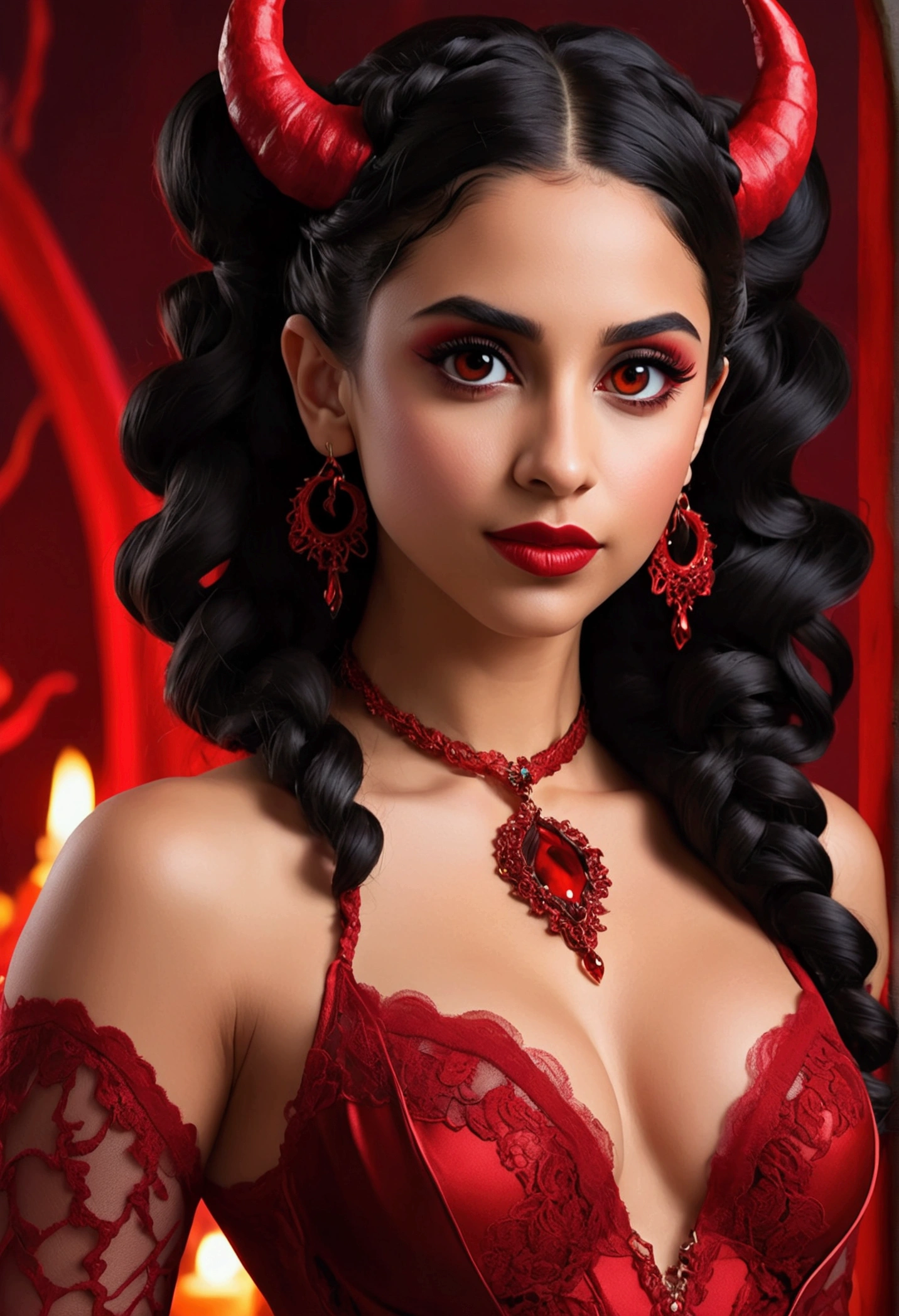 Full body shot Naomi Scott devil, ringlets wavy five feet long black hair, updo hairstyle with ponytail on one side and long braid, strong thighs, dark red glossy lips, heavy red eye shadow long red eyeliner, long sharp claws, red lace beautiful and creative devil bodysuit, huge cleavage, devil horns, no earrings, no earrings, no earrings, no jewels, beautiful forehead lace ornament, posing in a feminine devil hell, happy expression, red ambience night time fire lights. No faces on her chest!