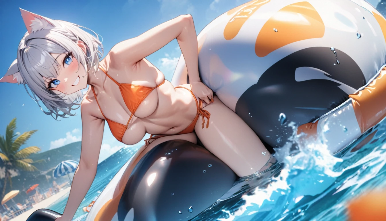 Ride on the inflatable killer whale floa、1girl、(((best quality)), ((masterpiece)), (details), masterpiece, best quality, high quality, ulutra detailed, perfect face, ((1girl, Blue eyes, cat ears: 1.3 silver bob hair: 2.5,))、Shiny Hair、Glowing Skin、smile、Lustful look、I can see your toned stomach、Sideboob、Underboob、iding on the inflatable killer whale float.Ocean、Ocean上、Ocean水浴、Orange Bikini、smile、Heart effect、Side Angle