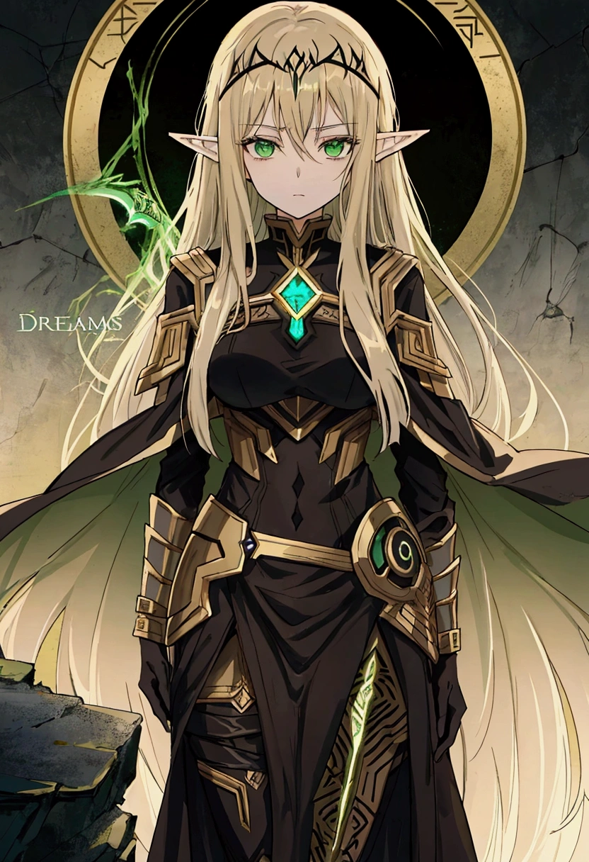 Dreams of Elysium title, dark fantasy, elven woman with long brown hair, dressed in black, green eyes, "dreams of elysium" written in runic font, akame ma kill draw style