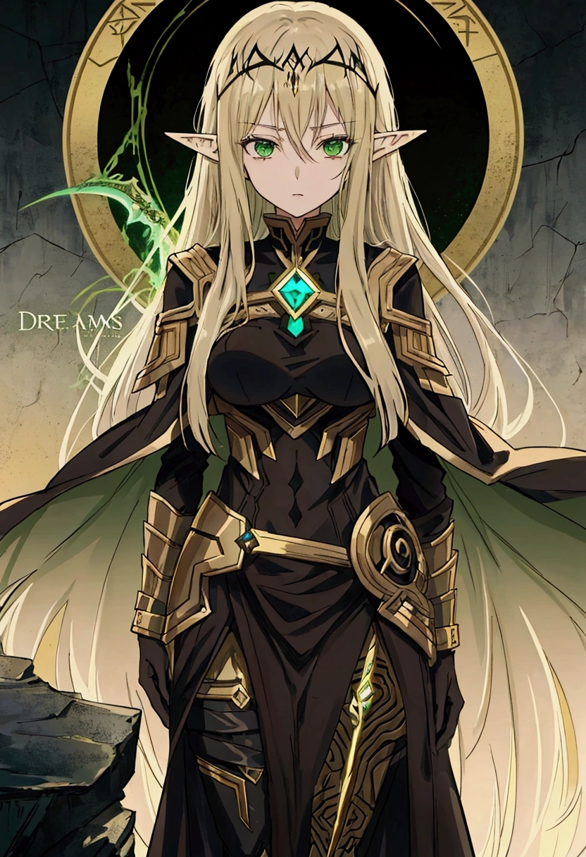 Dreams of Elysium title, dark fantasy, elven woman with long brown hair, dressed in black, green eyes, "dreams of elysium" written in runic font, akame ma kill draw style