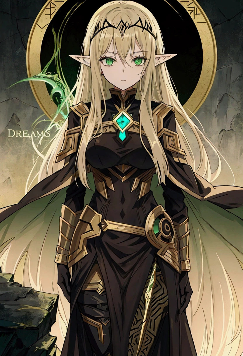 Dreams of Elysium title, dark fantasy, elven woman with long brown hair, dressed in black, green eyes, "dreams of elysium" written in runic font, akame ma kill draw style