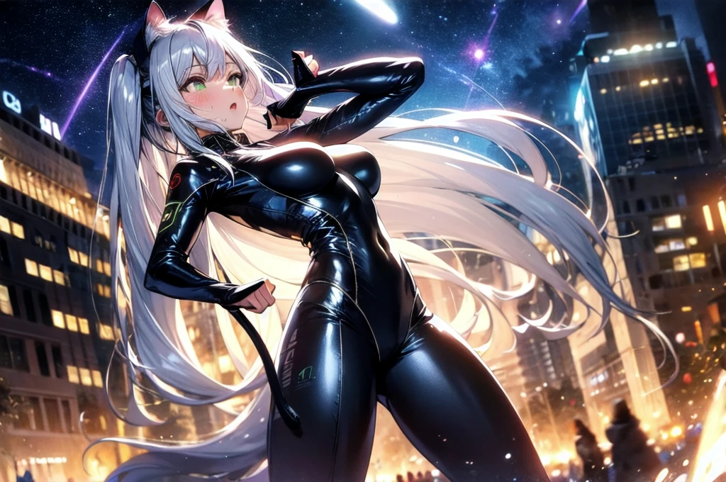 A silver-haired beautiful girl with cat ears eyes are green hair is silver and long clothes: a form-fitting black combat suit The fist is an afterimage The background is a city at night her is in a cat-like fighting pose The year is 14 years monitor, Dark Night, Sweat, Steam of Exhalation, Space, Battle, Dynamic Angle one girl