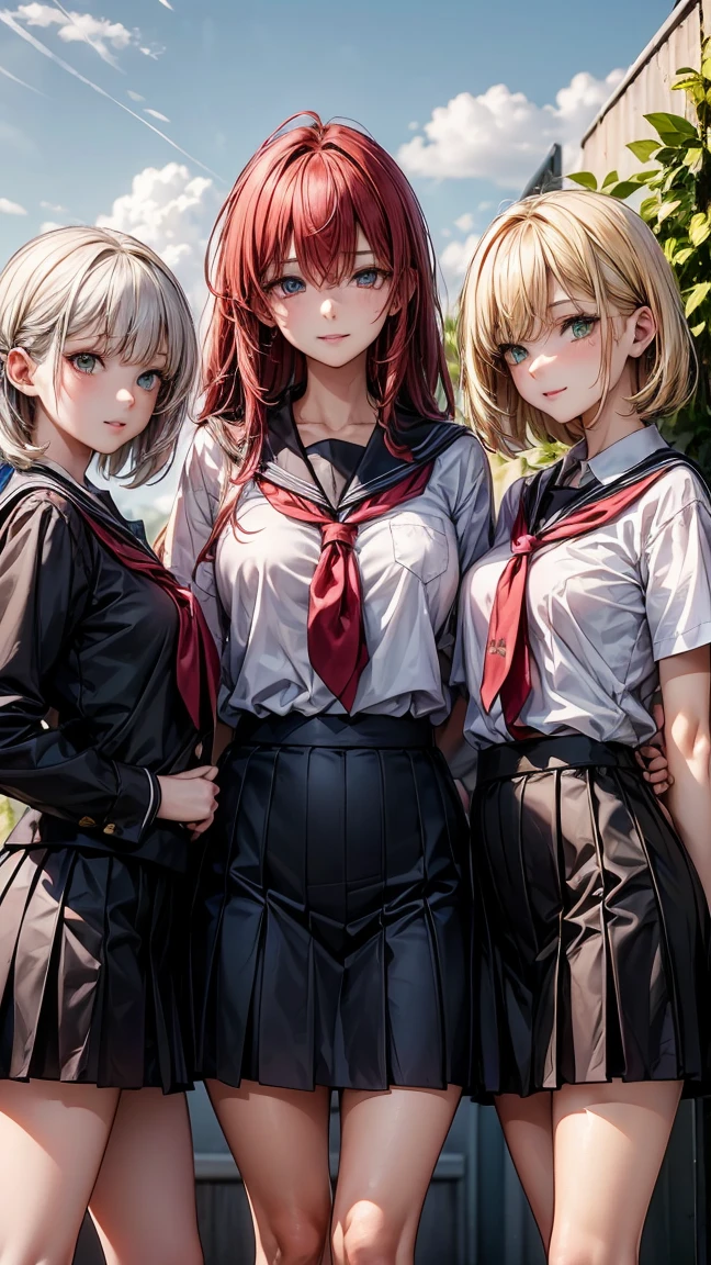 "Three 17 year old girls. The first has long yellow hair and green eyes., with tanned body. The second has white Bob hair and blue eyes, with light skin. The third has long red hair and red eyes., with dark body. The three are standing, wearing school uniforms. The background is a high school."