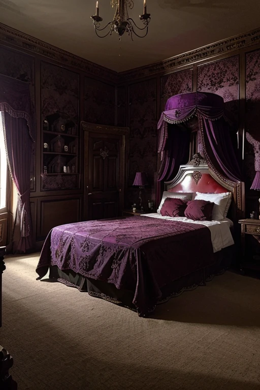 Room in the house from the horror movie Rose Red, victorian mansion, aisle, luxury, extravagant, never, lovely, baroque and excessive decoration, delusional, terrifying, Winchester mansion. Purple and violet and red and green tones
