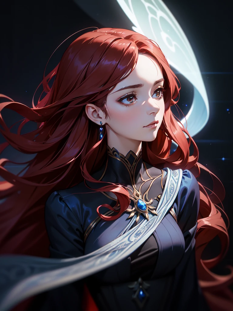 (((Portrait Photo))), She has an Ethereal and Enchanting Presence of a Young Woman, with a Slender and Graceful Build that Radiates a Subtle Mystique. Her Long, Curly Red Hair Cascades Down Her Back, Glowing with a Fiery Intensity that Frames Her Face with a Vibrant Halo. Her Deep, Soulful Brown Eyes are Filled with an Ancient Wisdom and a Hint of Melancholy, Giving Her an Aura of Timelessness. She is Dressed in a Flowing Midnight Blue Dress, Accentuated with Silver Accents, Creating a Look that is Both Regal and Otherworldly. Her Expression is Gentle and Contemplative, with a Soft Smile that Exudes Warmth and Compassion. (((High Quality, Dark Background))), (((Portrait Photo)))