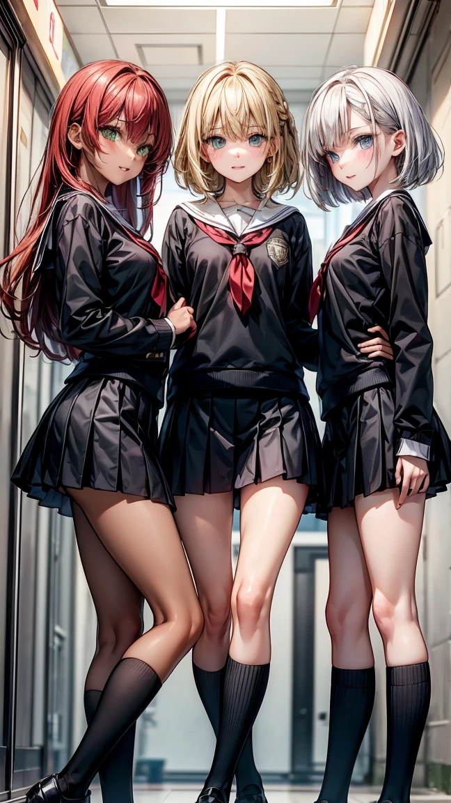"Three 17 year old girls. The first has long yellow hair and green eyes., with tanned body. The second has white Bob hair and blue eyes, with light skin. The third has long red hair and red eyes., with dark body. The three are standing, wearing school uniforms. The background is a high school."