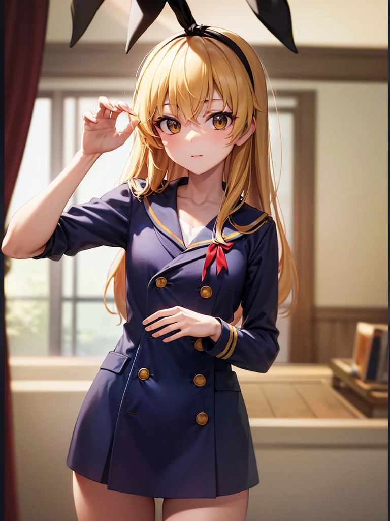 (masterpiece, best quality, highly detailed, ultra detailed, high resolution, absurdres, 4K, 8K:1.2), 
BREAK,shimakaze uniform:1.5, 10 years GIRL,Blonde_HAIR,(RED Ribbon on HAIRband:1.2)