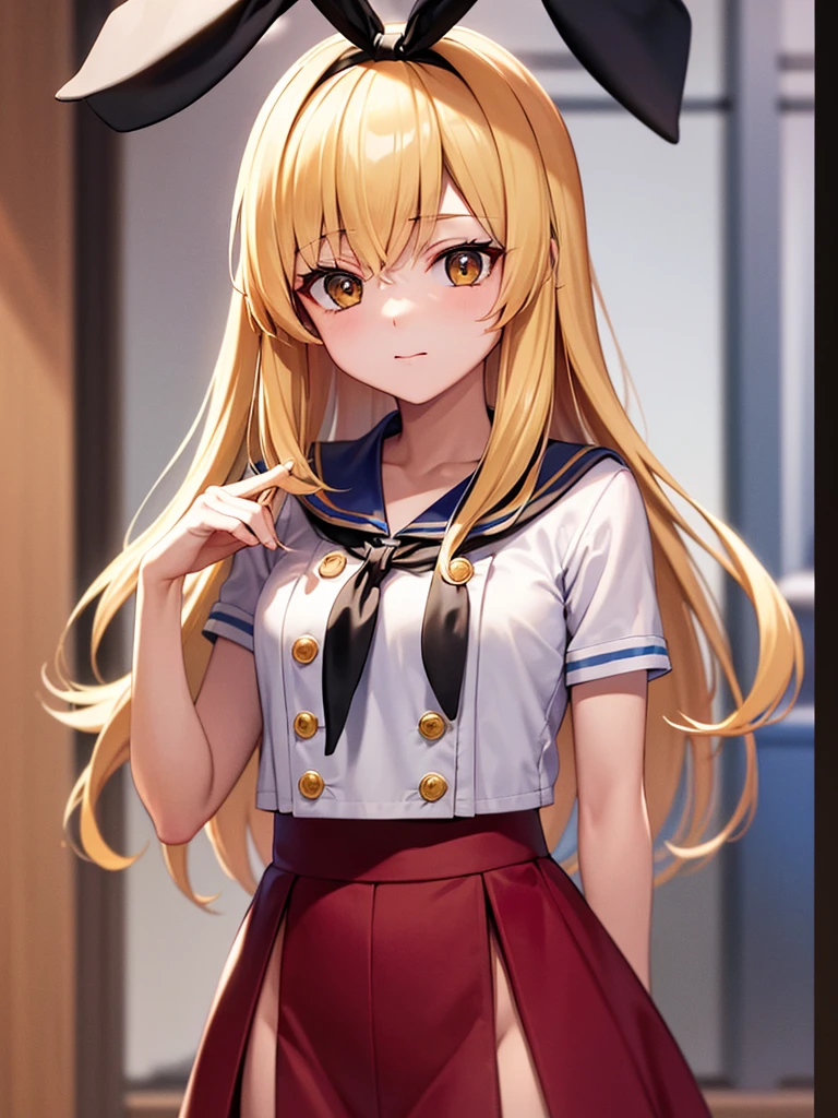(masterpiece, best quality, highly detailed, ultra detailed, high resolution, absurdres, 4K, 8K:1.2),
BREAK,shimakaze uniform:1.5, 10 years GIRL,Blonde_HAIR,(RED Ribbon on HAIRband:1.2)