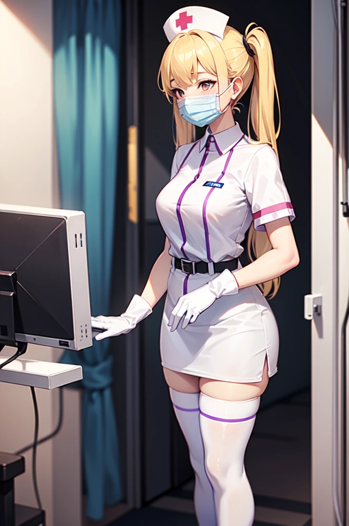 1girl, solo, nurse, nurse cap, white nurse uniform, ((white legwear, zettai ryouiki)), white gloves, twintails, yellow hair, purple eyes, ((white surgical mask, covered nose)), standing, ((hospital room)), sharp outline, short sleeves, best quality, masterpiece