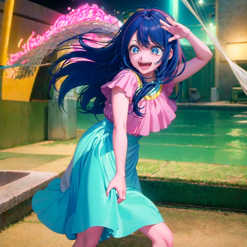 In the style of "Oshi no Ko," create an anime-style image of a clumsy and naturally awkward girl. She should have bright-colored hair, styled in a fluffy and cute manner, and her smile should be charming. Dress her in casual, adorable clothing, like a pink or light blue dress or one-piece outfit. Depict her in a scene where she's bumping into something or tripping, showing a slightly troubled but cheerful expression. The background should be bright and fun, emphasizing her clumsiness in a lively setting. For example, include scattered items or animals around her, reflecting her involvement in a playful mishap.