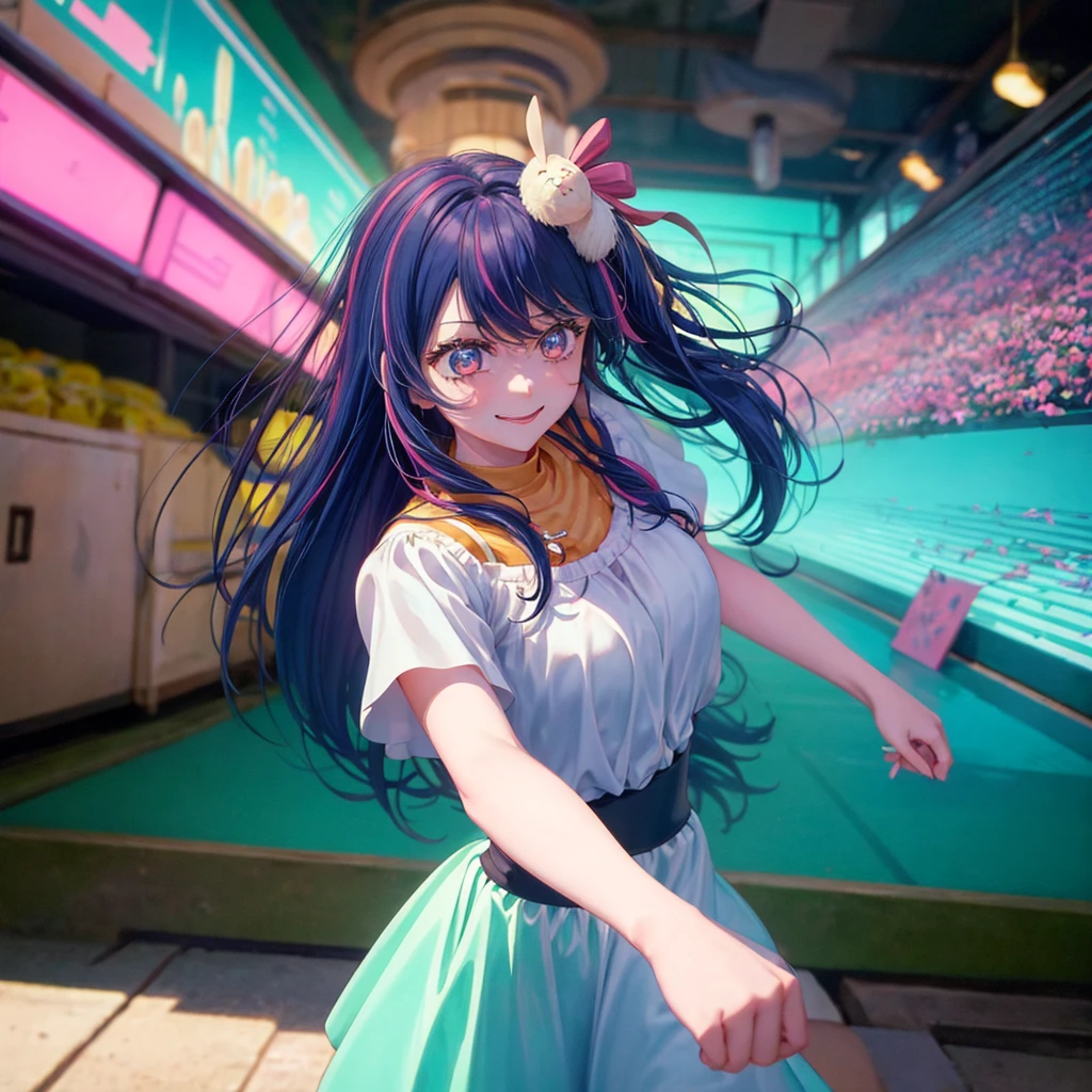 In the style of "Oshi no Ko," create an anime-style image of a clumsy and naturally awkward girl. She should have bright-colored hair, styled in a fluffy and cute manner, and her smile should be charming. Dress her in casual, adorable clothing, like a pink or light blue dress or one-piece outfit. Depict her in a scene where she's bumping into something or tripping, showing a slightly troubled but cheerful expression. The background should be bright and fun, emphasizing her clumsiness in a lively setting. For example, include scattered items or animals around her, reflecting her involvement in a playful mishap.
