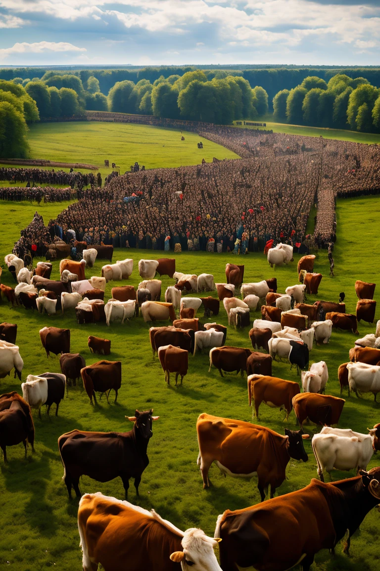 painting of a group of people, standing around cows in a field, ancient Slavs, large crowds of peasants, Vytautas Kassulis, Viking culture, Slavic orcs in the steppe, Tibor Renьi, Slavic traits, by Roman Bezpalkiv, Early Middle Ages, Slavic mythology, author: Gyorgy Vastag