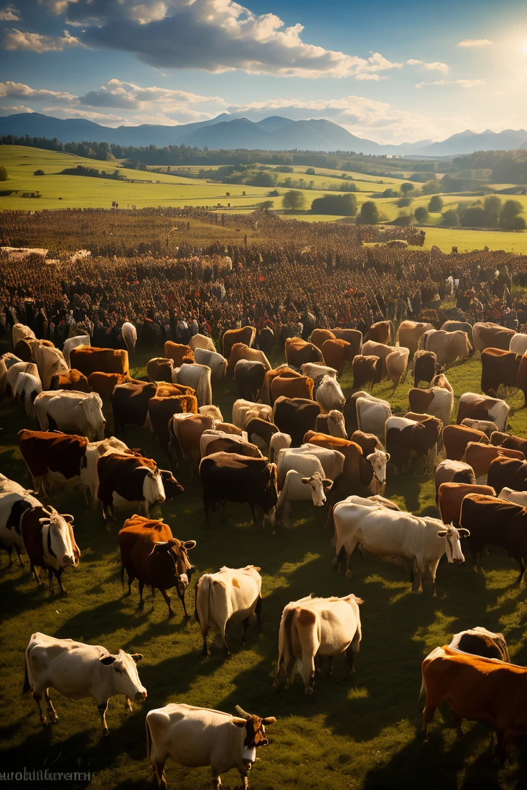 painting of a group of people, standing around cows in a field, ancient Slavs, large crowds of peasants, Vytautas Kassulis, Viking culture, Slavic orcs in the steppe, Tibor Renьi, Slavic traits, by Roman Bezpalkiv, Early Middle Ages, Slavic mythology, author: Gyorgy Vastag