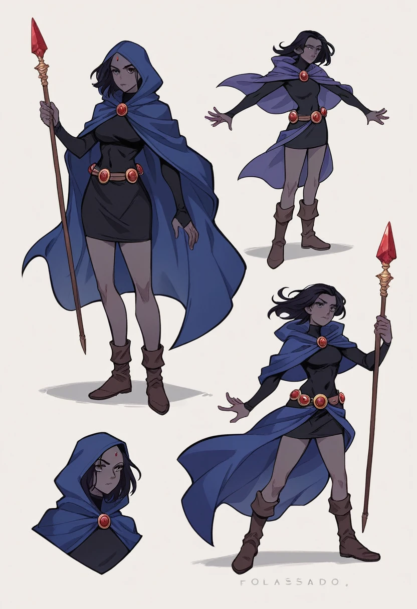 1 adult girl, Raven, black skin black leotard, black cloack, hooded cloak, knee-length Greek skirt, booties, long flowing hair, wavy black hair, forehead jeauel, purples eyes, medieval belt, firm skin, standing, toned, breastsout, battle pose, multiple angles(posando)), Lines of movement, portraite, b&au. Contour, whole body, holding a spear