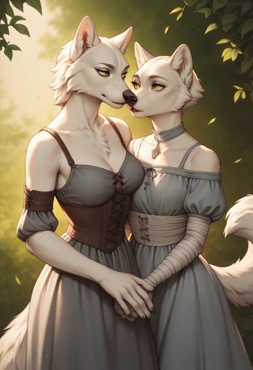 Anthro, beautiful, (feminine:1.2), wolf-woman, gentle, (white fur:1.2), short hair, white wolf ears, long snout,  bandaged arms, yellow wolf eyes, plain medieval grey dress, breast fur, medium breasts