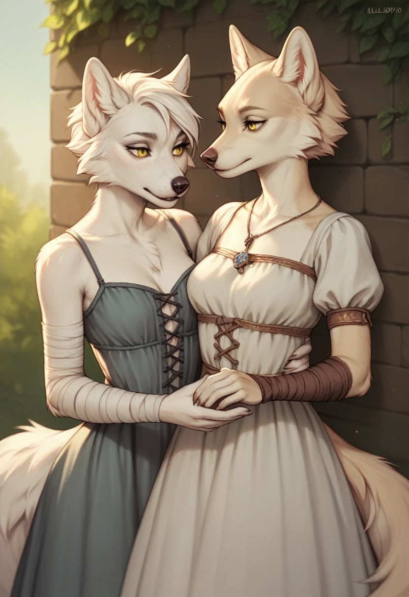 Anthro, beautiful, (feminine:1.2), wolf-woman, gentle, (white fur:1.2), short hair, white wolf ears, long snout, bandaged arms, yellow wolf eyes, plain medieval grey dress, breast fur, medium breasts