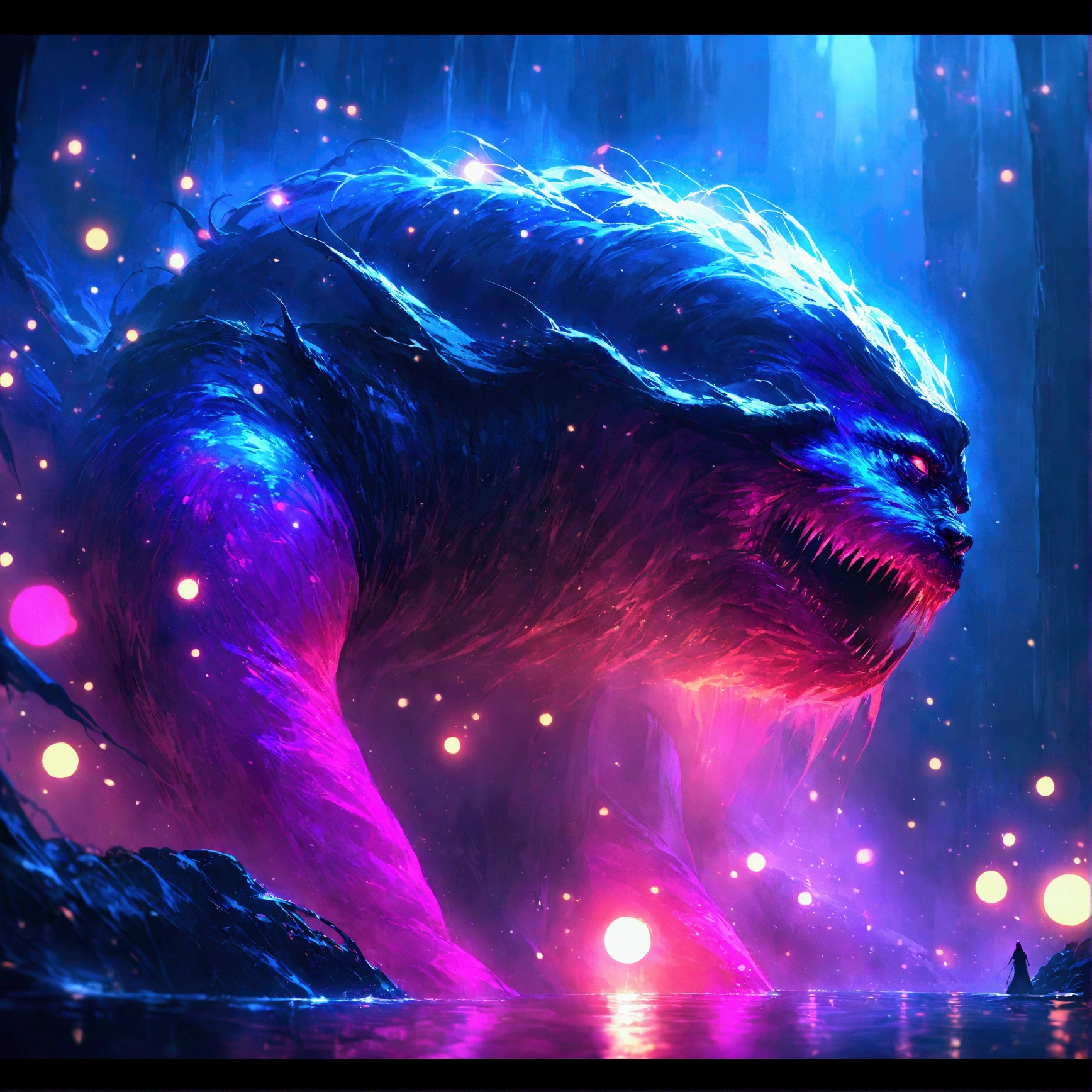 A monstrous creature lurking in the deep darkness, with its abominable presence emphasized by the (best quality, 4k, ultra-detailed, realistic, vivid colors, bokeh). The creature is enveloped in an eerie atmosphere, where the interaction of light and shadows adds to the sense of mystery and suspense. The scene is filled with floating particles, enhancing the otherworldly nature of the environment.