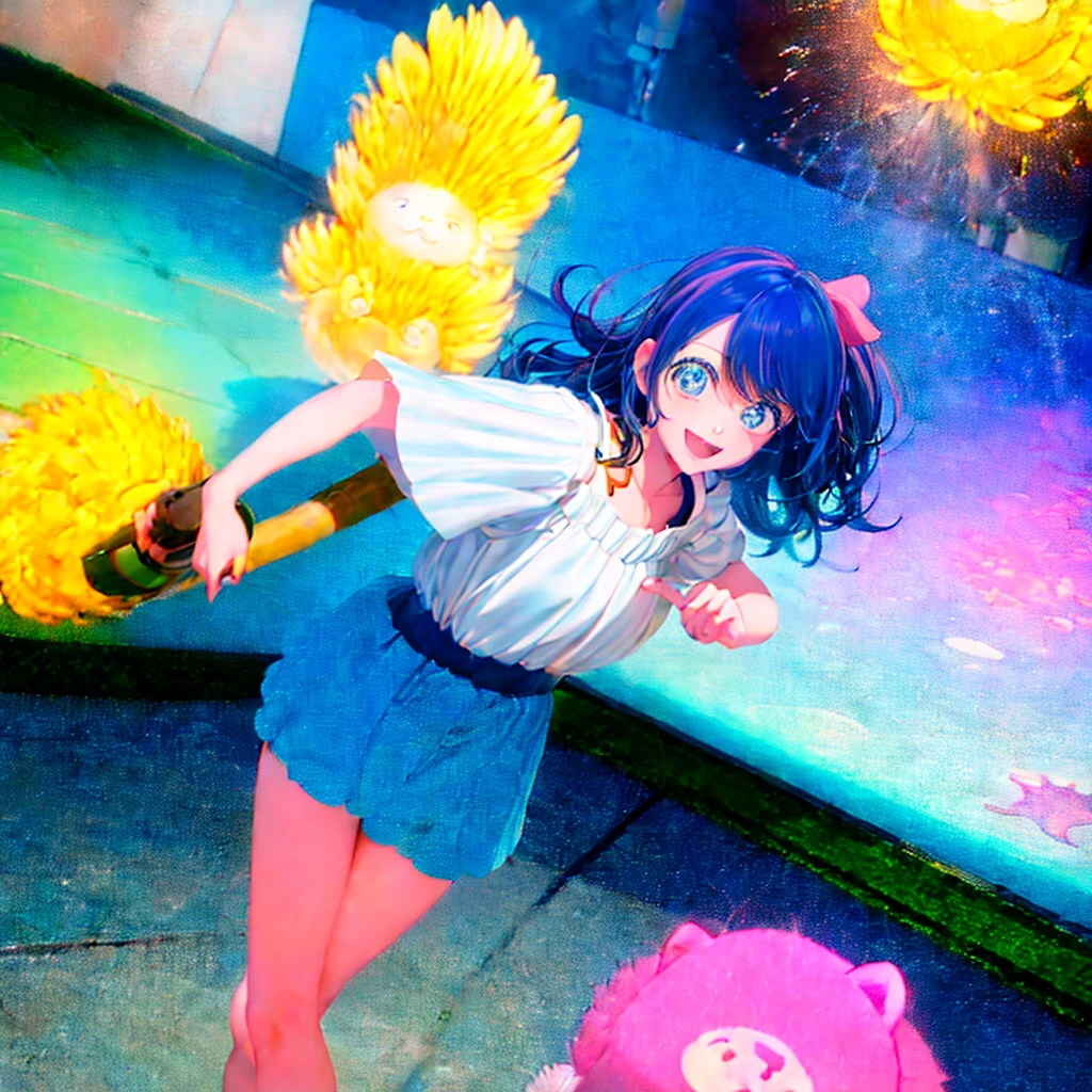 In the style of "Oshi no Ko," create an anime-style image of a clumsy and naturally awkward girl. She should have bright-colored hair, styled in a fluffy and cute manner, and her smile should be charming. Dress her in casual, adorable clothing, like a pink or light blue dress or one-piece outfit. Depict her in a scene where she's bumping into something or tripping, showing a slightly troubled but cheerful expression. The background should be bright and fun, emphasizing her clumsiness in a lively setting. For example, include scattered items or animals around her, reflecting her involvement in a playful mishap.