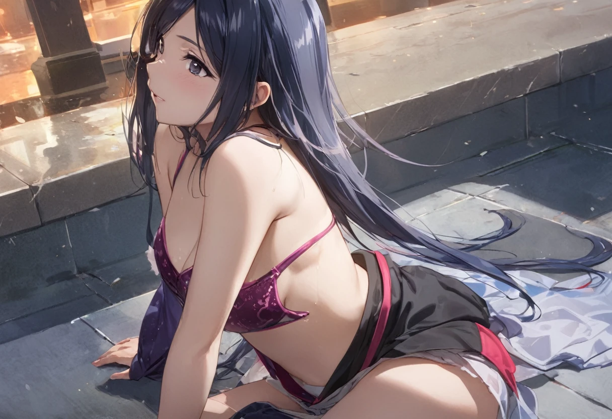 masterpiece, best quality, chitanda_eru, long_hair, closed mouth, big boobs, lholding boobs, loose bikini, smile, beach, side side, ass