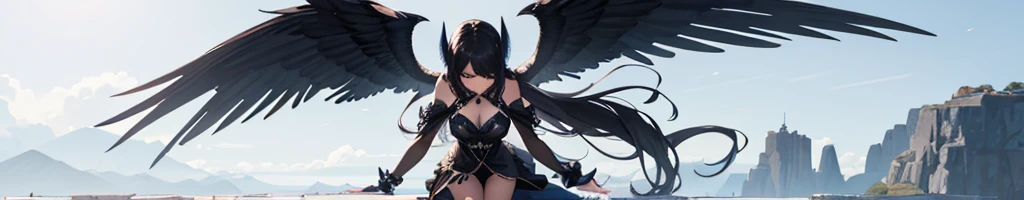 masterpiece, high quality, 4K, HDR, a black halo above her head, black horns, a thick black tail, with bangs large black wings on her back, A silver-haired, long-haired woman, red eyes with a stern gaze, sharp teeth, and slightly pointed ears. She has a neutral expression and is wielding a spear or lance. BREAK Detailed, high-fashion clothing and accessories BREAK Full-body, dynamic pose with the character looking directly at the camera BREAK Dark, fantastical setting with dramatic lighting, athletic, toned body, medium breasts