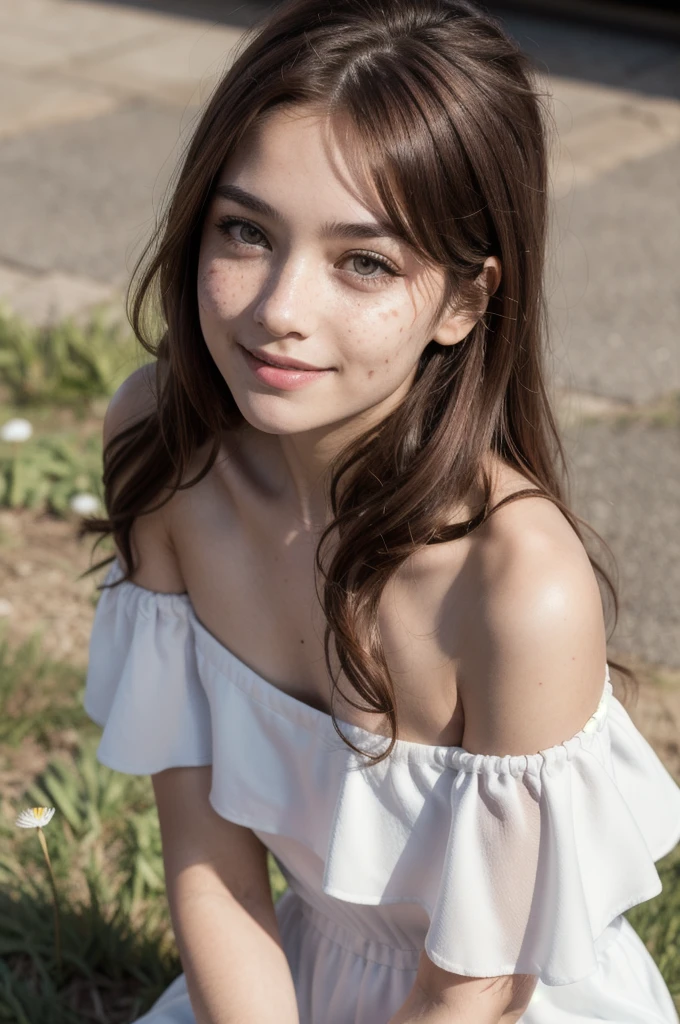 absurdres, 1girl, (masterpiece, Extremely detailed CG unity 8k wallpaper, best quality, highres:1.2), (ultra_detailed, UHD:1.2), perfect illumination, ((pov, from above, looking at viewer)), sidelighting, (detailed face, freckles, bangs, detailed eyes), ((small breasts)), blush, full body, (brown eyes:1.4), (petite:1.3), (auburn hair:1.4), (very long hair:1.4), ((off shoulder, , white dress)), gentle smile, dandelion field