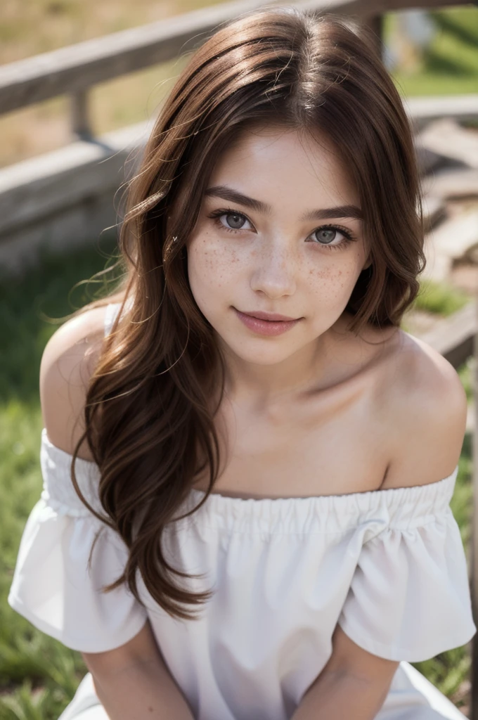 absurdres, 1girl, (masterpiece, Extremely detailed CG unity 8k wallpaper, best quality, highres:1.2), (ultra_detailed, UHD:1.2), perfect illumination, ((pov, from above, looking at viewer)), sidelighting, (detailed face, freckles, bangs, detailed eyes), ((small breasts)), blush, full body, (brown eyes:1.4), (petite:1.3), (auburn hair:1.4), (very long hair:1.4), ((off shoulder, , white dress)), gentle smile, dandelion field