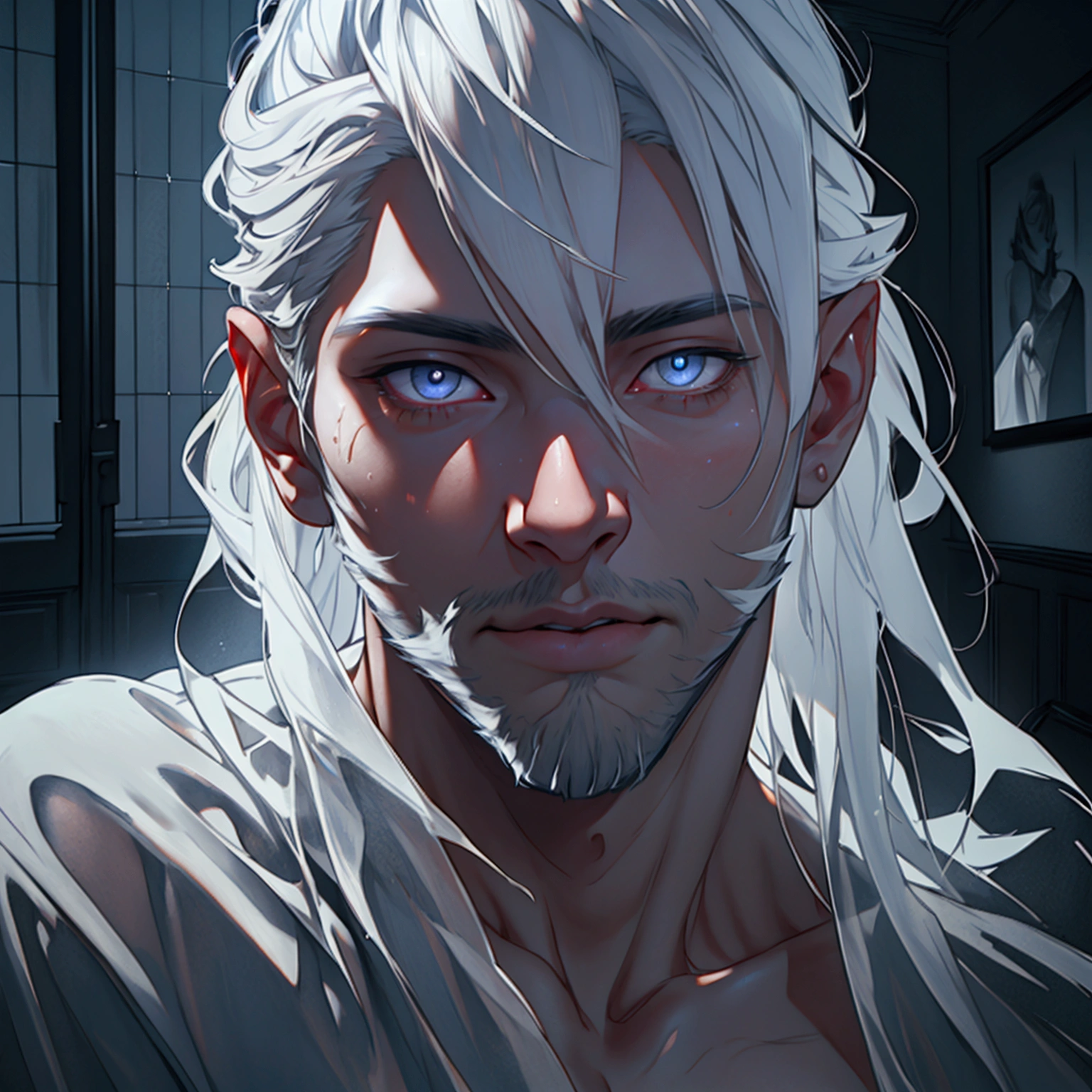 a sexy male ghost, nearly naked, transparent skin, cute face, light beard, inside a house, detailed face, beautiful eyes, detailed lips, extremely detailed, longeyelashes, dramatic lighting, cinematic, moody atmosphere, hyper realistic, 8k, highres, masterpiece, photorealistic, showing full body