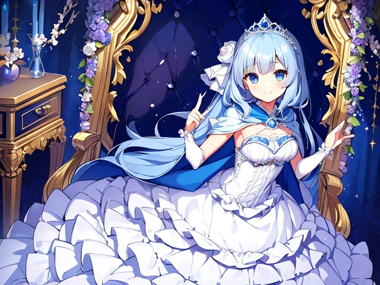 best quality,(long train blue cape:1.15),(long train white ball gown with floral decoration:1.15), a girl is wearing a cape over her dress, anime style, rococo style, little princess, tiara, kind smile, very long hair, small breast, perfect fingers, masterpiece