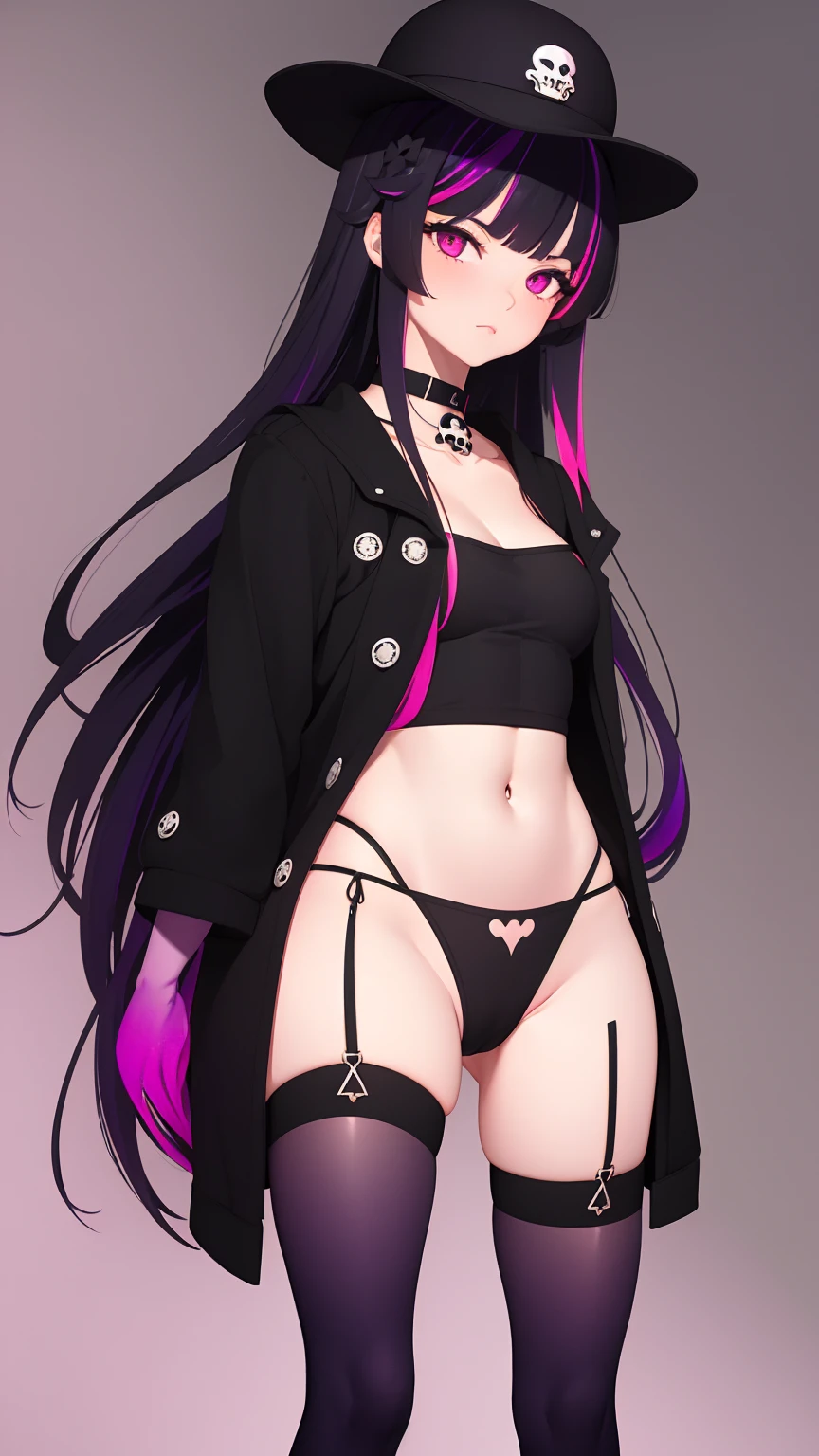 work of art, best qualityer,super fine illustration, Perfect Anatomia, anatomical correct, perfect proportion, face perfect, perfect hands, perfect legs, perfect toes, perfect hands, professional lighting, best qualityer, ultra detaild, extremely delicate and beautiful, 4K, 8k, clearly drawn face, gorgeous eyes, beautifully detailed eyes, highly-detailed eyes, (1 girl,standing alone,((black hair 1.2)(Purple Hair 1.2)fine thighs,long hair e liso, blunt bangs, (multicolored hair:1.5),(two tone hair:1.2), (gradient hair:1.3), multi colored eyes, standing, long hair, looking ahead at viewer, blush, , choker, thigh strap, (eyeliner:1.2), ombre, へそ, tummy, pink eyes, combat boots, skull hair clip, plain black hat, Black jacke, Purple pants, cinta, simply white background, fit the screen