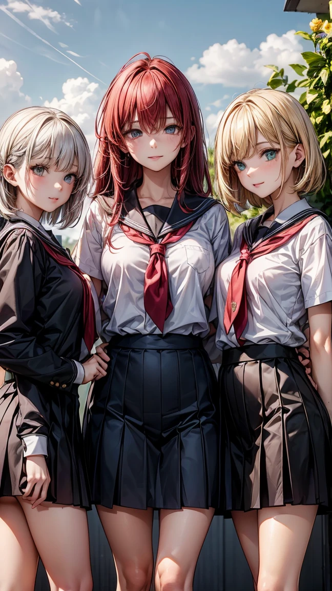 "Three 17 year old girls. The first has long yellow hair and green eyes., with tanned body. The second has white Bob hair and blue eyes, with light skin. The third has long red hair and red eyes., with dark body. The three are standing, wearing school uniforms. The background is a high school."