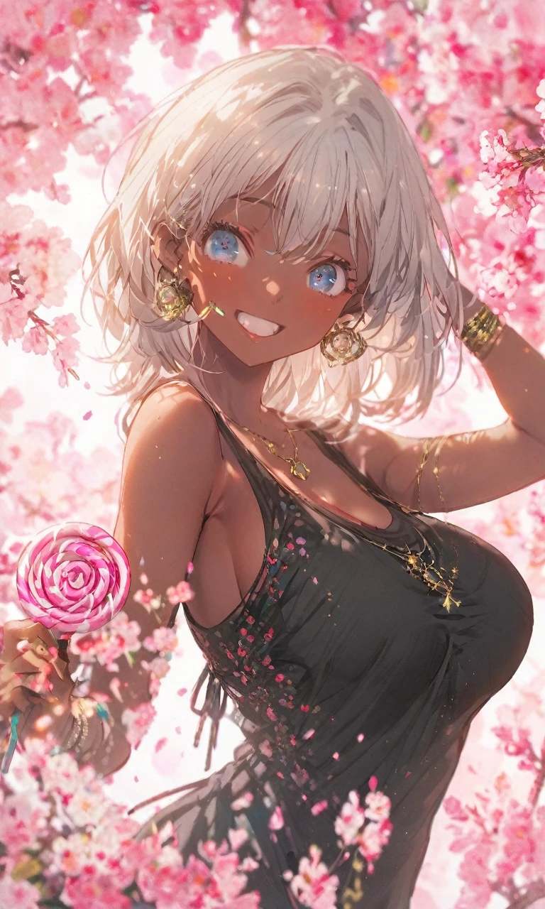 Highest quality,Blue eyes,Gray hair bob cut,25-year-old woman,Wearing a tank top,A cheerful smile,Holding a candy,Big Breasts,Brown skin