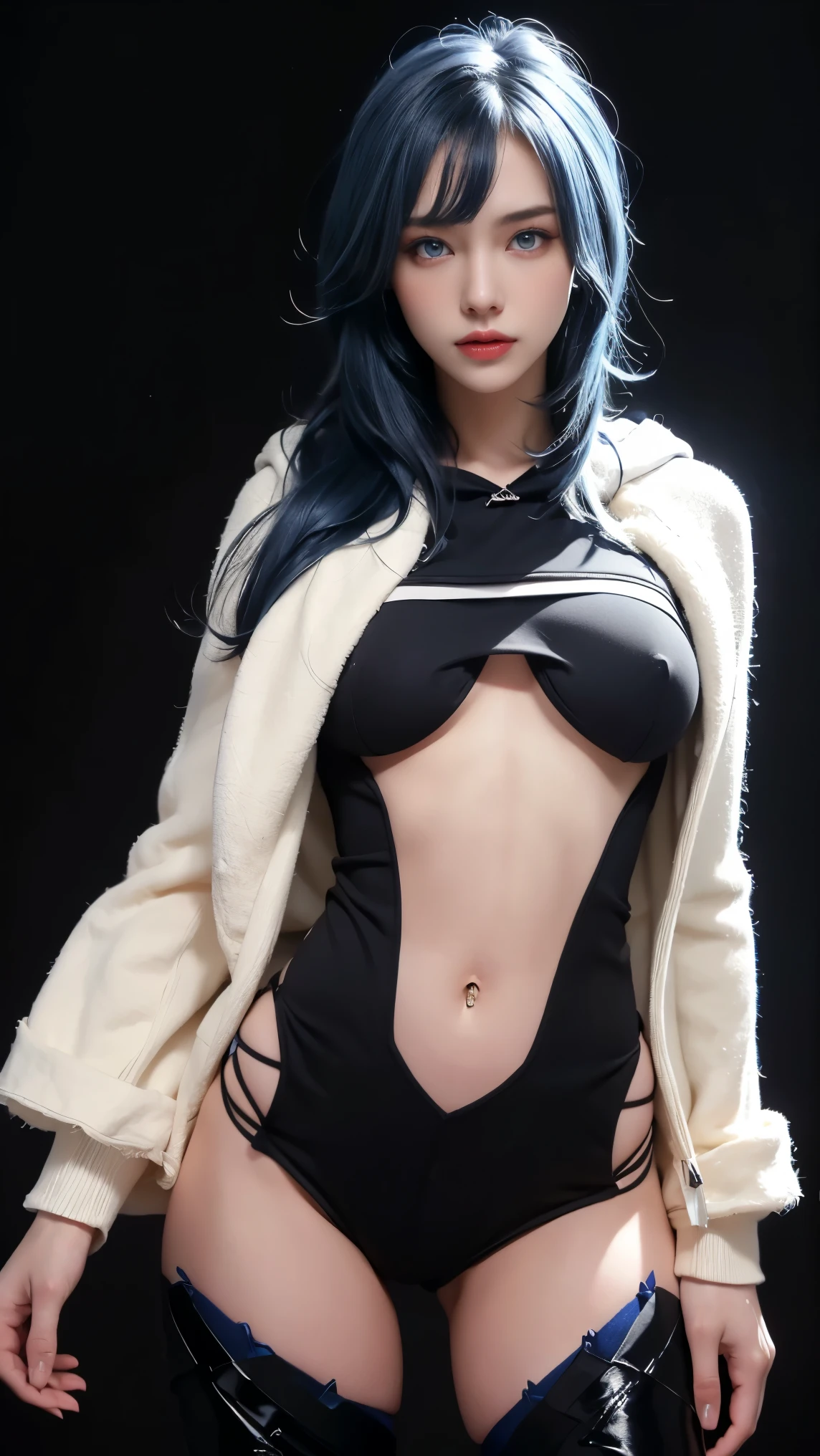 8K, Top Quality, Intricate Details, Ultra Detail, Ultra High Resolution, Masterpiece, close up shot, (full body: 1.1), Slender, Smile, (Makeup: 0.4), ((sexy pose,)), (Fluffy blue Eyes: 1.21), (()), 1girl, solo, 1 girl, ((blue hair, bangs, very long hair, )), close up shot, , ((tall)), (((fit body))), (((slim face))), sharp face, ((wind blow, strong wind, wind blow hair, wind blow )) , (detailed face), sharp face, small lips, perfect hands, (())  ((skin tight open hoodie,)), , (()),, detailed face, detailed breast,, huge breast , ((detailed nipples)), detail ass, Narrow Waist, Skinny, tall , 175 cm tall, Muscular, Navel, Exposed Abdomen, Pointed Chest,, Beautiful girl with accentuated slender abs: 1.4, Six Pack Abs: 1.4, Bust Botox, Big, Perfect Body, detail leg, (( dark background)), black background,