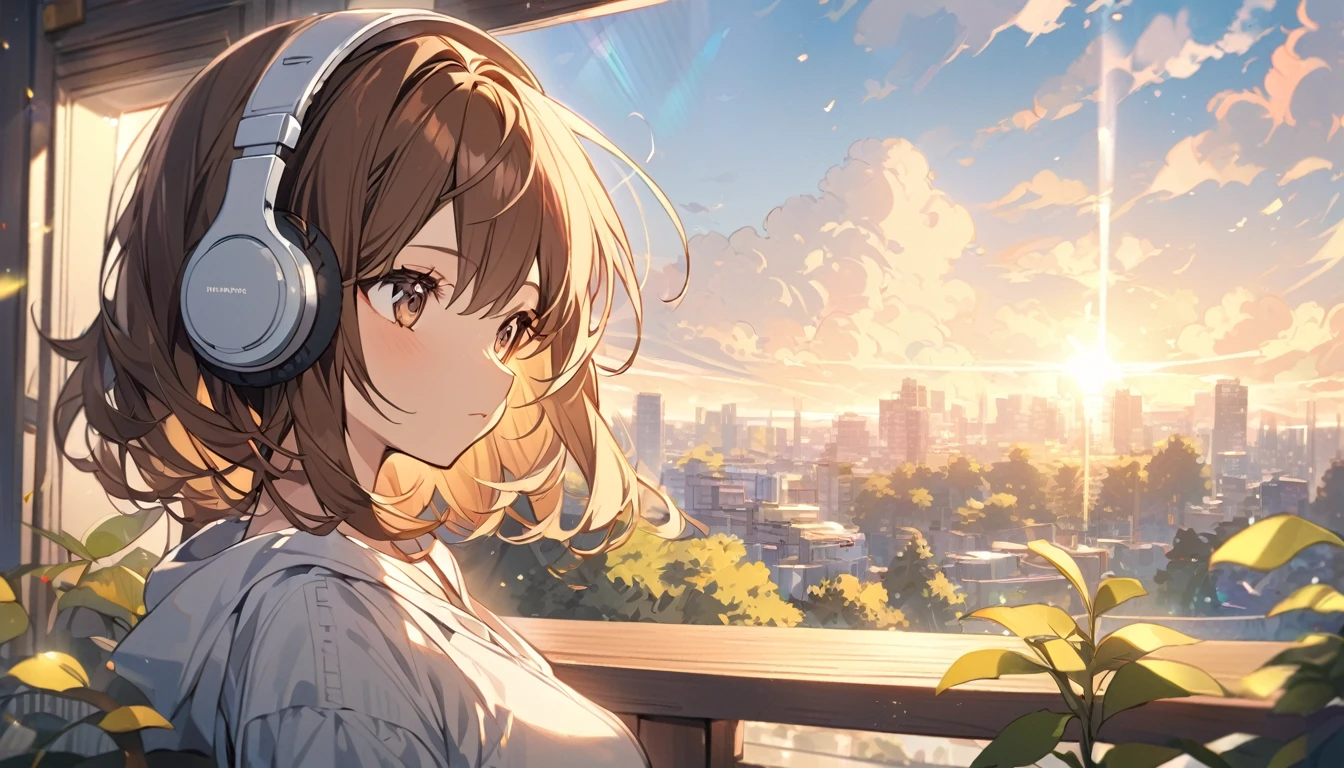 Girl wearing headphones,Brown Hair,1 person,bright,Detailed Background,Enjoy the morning tranquility