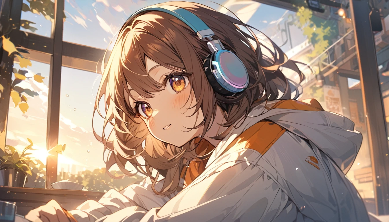 Girl wearing headphones,Brown Hair,1 person,bright,Detailed Background,Enjoy the morning tranquility