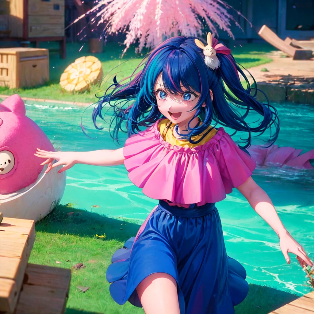 In the style of "Oshi no Ko," create an anime-style image of a clumsy and naturally awkward girl. She should have bright-colored hair, styled in a fluffy and cute manner, and her smile should be charming. Dress her in casual, adorable clothing, like a pink or light blue dress or one-piece outfit. Depict her in a scene where she's bumping into something or tripping, showing a slightly troubled but cheerful expression. The background should be bright and fun, emphasizing her clumsiness in a lively setting. For example, include scattered items or animals around her, reflecting her involvement in a playful mishap.