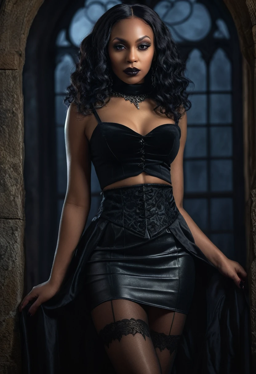 (Best quality, 4K, 8 K, a high resolution, masterpiece:1.2), ultra detailed, (realistic,photorealistic,photo-realistic:1.37), Gorgeous light skinned black woman, a vampire, seductive look, elegant pose, gothic background, sensual beauty, gothic fashion, black gothic miniskirt, tights, dark colors, moody lighting, whole body pose