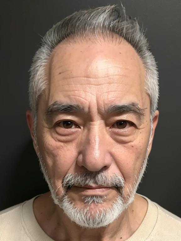 The face of a 64-year-old Japanese man、Deeply carved, thin-looking face、He has a gray beard that runs down his cheeks and chin.、The sides of his head are cut very short, and the top is a short mohawk to hide his thinning hair.、Eyebrows are triangular with pointed tops、The eyes are large and beautiful.、His nose is unusual for a Japanese person, being a hooked nose like that of a Jew.。